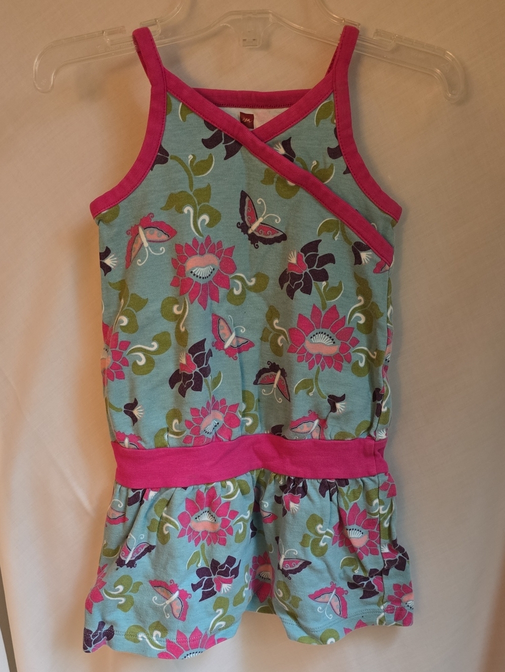 Tea Collection Aqua Floral Tank Dress with Pink Trim